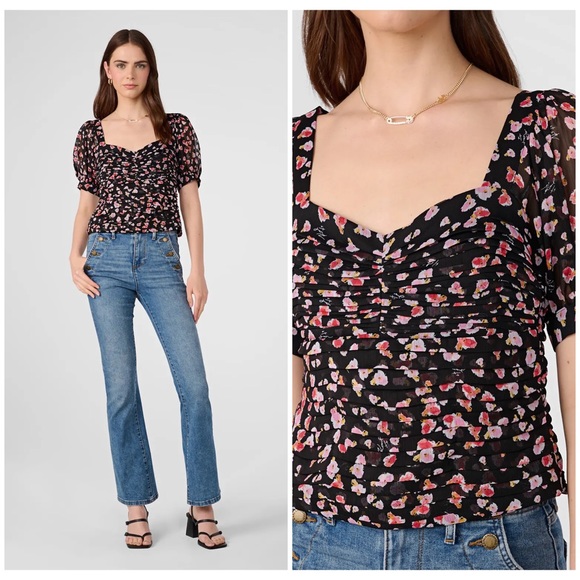 Karl Lagerfeld Smocked Crop Top Flower Print in Black Combo - Picture 3 of 13